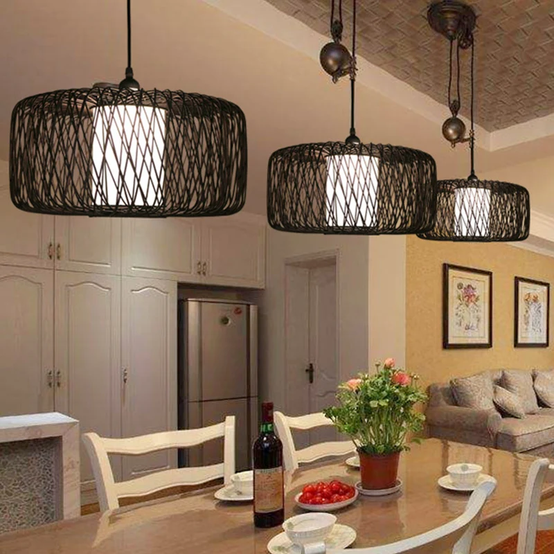 Lampe suspendue en bambou tambour, 1 ampoule asiatique, Beige/noir, luminaire suspendu pour salle à manger Clearhalo