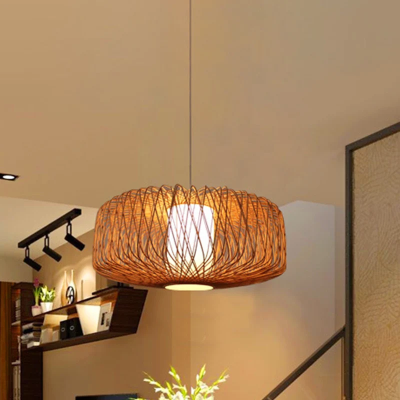 Lampe suspendue en bambou tambour, 1 ampoule asiatique, Beige/noir, luminaire suspendu pour salle à manger Clearhalo