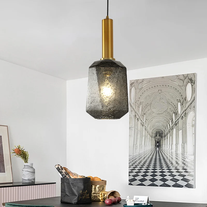 Lampe suspendue de chevet à facettes en verre gris fumé, plafonnier industriel à 1 lumière en laiton Clearhalo