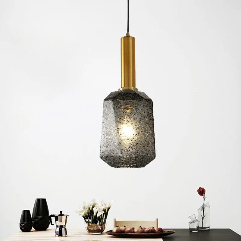 Lampe suspendue de chevet à facettes en verre gris fumé, plafonnier industriel à 1 lumière en laiton Clearhalo