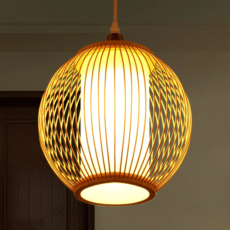 Lampe suspendue chinoise à 1 tête, lanterne beige, plafonnier avec abat-jour en bambou Clearhalo