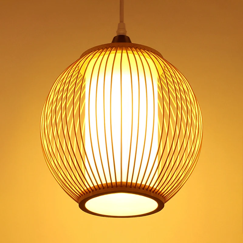 Lampe suspendue chinoise à 1 tête, lanterne beige, plafonnier avec abat-jour en bambou Clearhalo