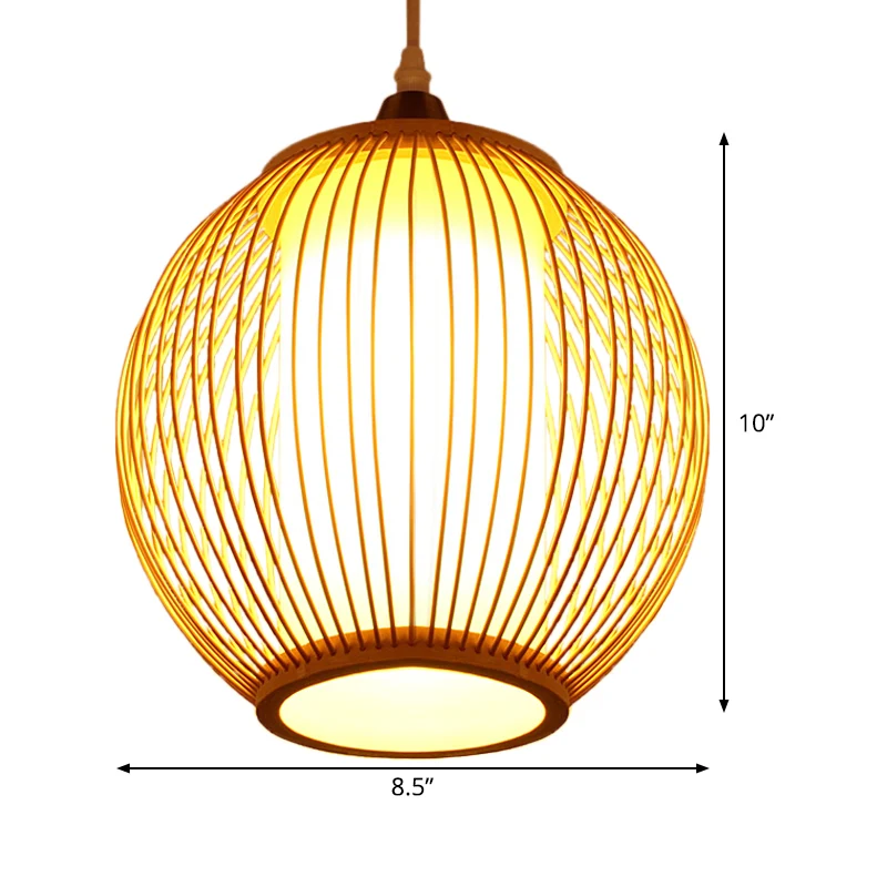 Lampe suspendue chinoise à 1 tête, lanterne beige, plafonnier avec abat-jour en bambou Clearhalo