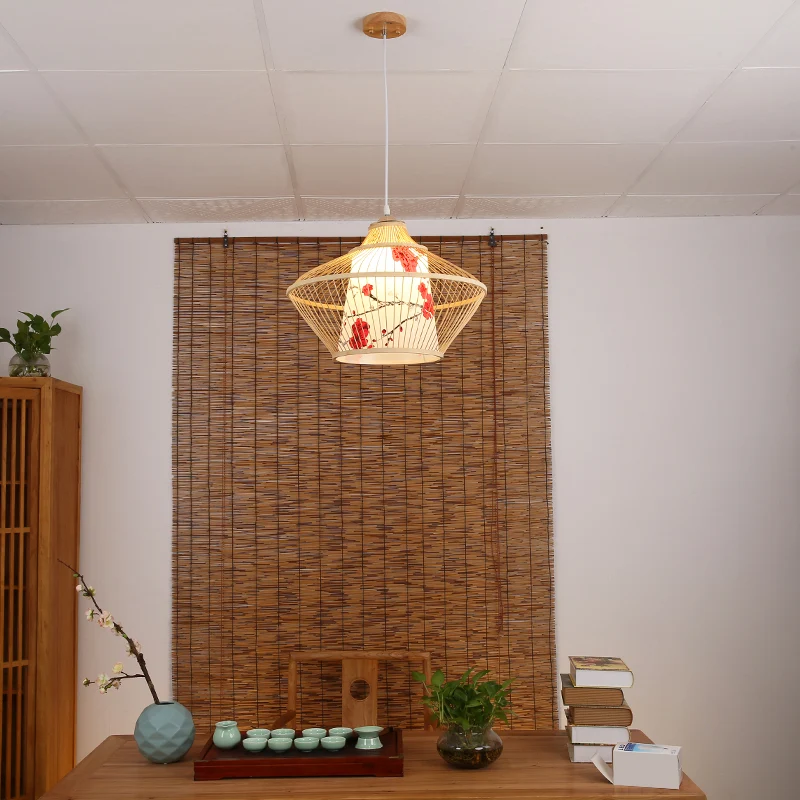 Lampe suspendue conique de style chinois, plafonnier en bambou à 1 lumière pour salon de thé Clearhalo