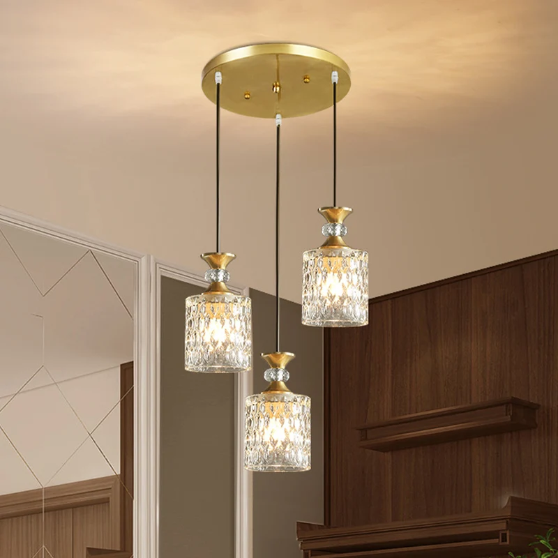 Lampe suspendue cylindrique en cristal, 3 lumières luxueuses pour restaurant, éclairage vers le bas en or Clearhalo