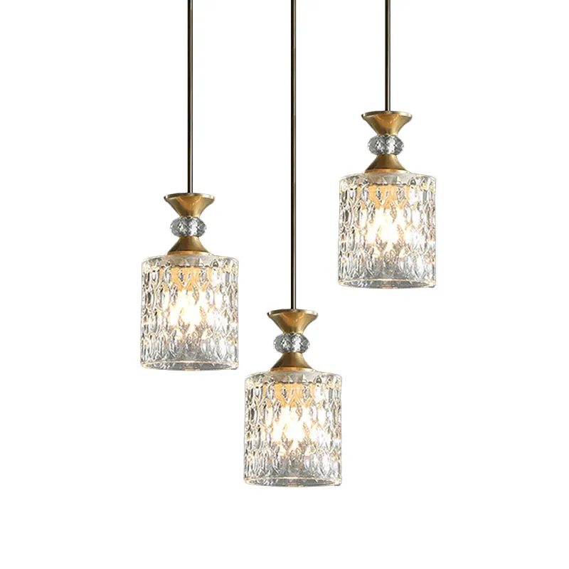 Lampe suspendue cylindrique en cristal, 3 lumières luxueuses pour restaurant, éclairage vers le bas en or Clearhalo