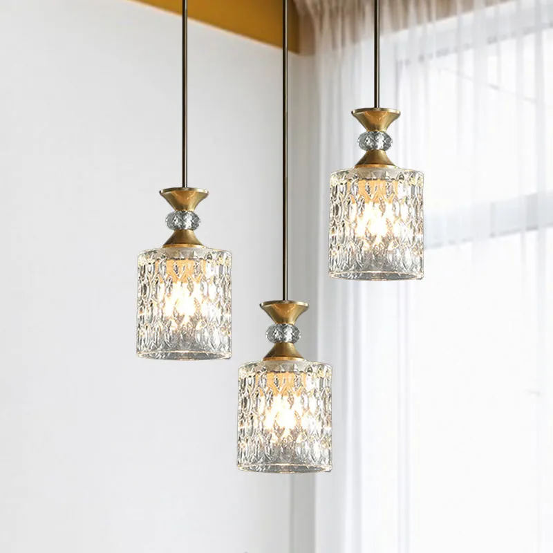 Lampe suspendue cylindrique en cristal, 3 lumières luxueuses pour restaurant, éclairage vers le bas en or Clearhalo