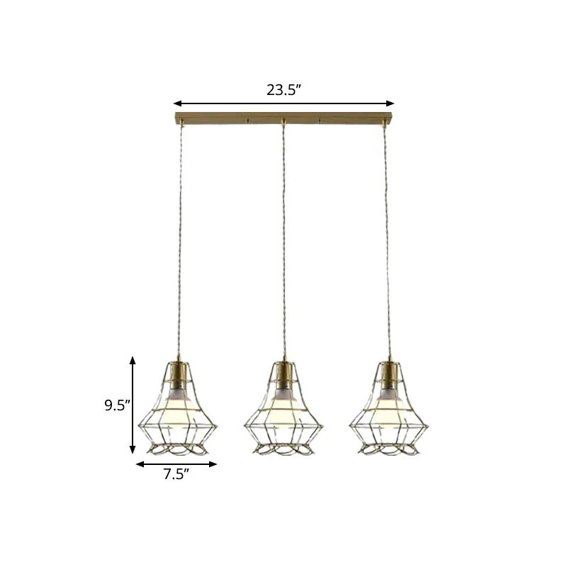 Lampe suspendue dorée à 3 lumières, luminaire suspendu de plafond en cage en fer Vintage avec abat-jour en pétale et auven...