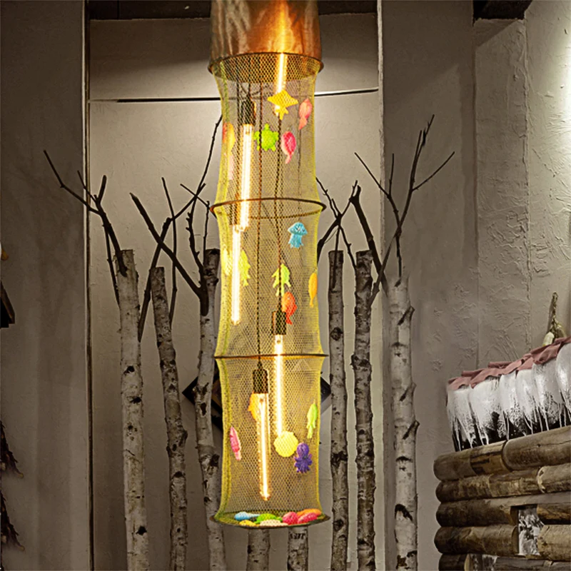Lampe suspendue en filet de finition cylindrique créative avec fibre de décoration de poisson, lampe suspendue verte créat...