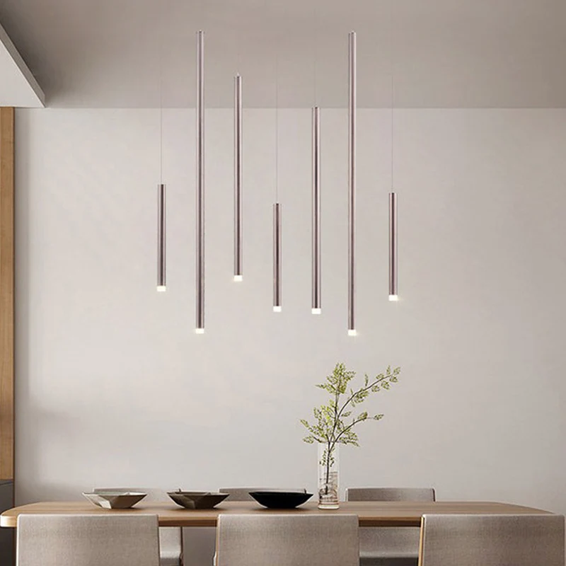 Lampe suspendue fine en métal, marron/or, moderne, 7 lumières, pour salle à manger, avec cordon réglable, blanc chaud/blan...