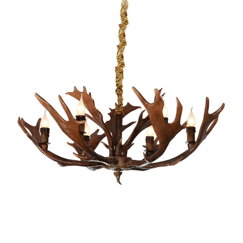 Lampe suspendue en forme de bougie pour chambre à coucher, lustre traditionnel en résine à 6 ampoules marron avec bois de...