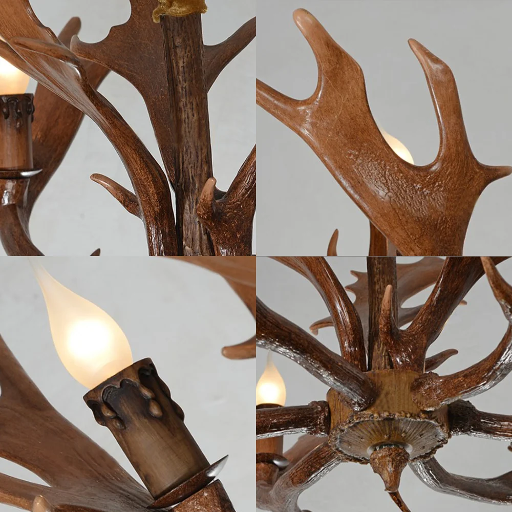 Lampe suspendue en forme de bougie pour chambre à coucher, lustre traditionnel en résine à 6 ampoules marron avec bois de...