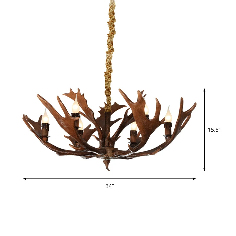 Lampe suspendue en forme de bougie pour chambre à coucher, lustre traditionnel en résine à 6 ampoules marron avec bois de...