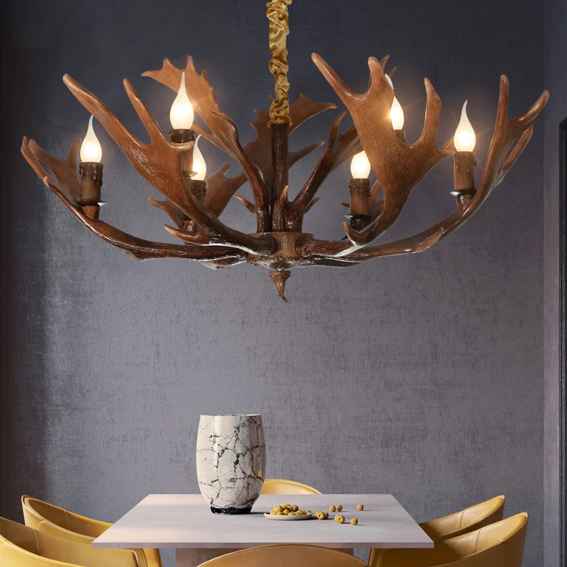 Lampe suspendue en forme de bougie pour chambre à coucher, lustre traditionnel en résine à 6 ampoules marron avec bois de...