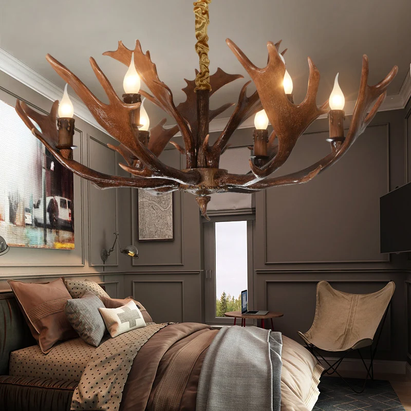 Lampe suspendue en forme de bougie pour chambre à coucher, lustre traditionnel en résine à 6 ampoules marron avec bois de...