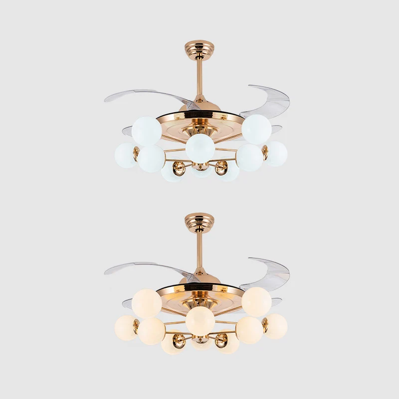 Lampe suspendue en forme de boule de verre de lait de 42 pouces de large, semi-encastrée postmoderne en or Rose avec 4 lam...