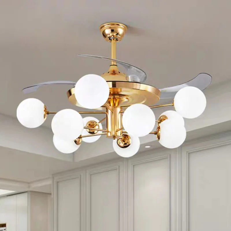 Lampe suspendue en forme de boule de verre de lait de 42 pouces de large, semi-encastrée postmoderne en or Rose avec 4 lam...
