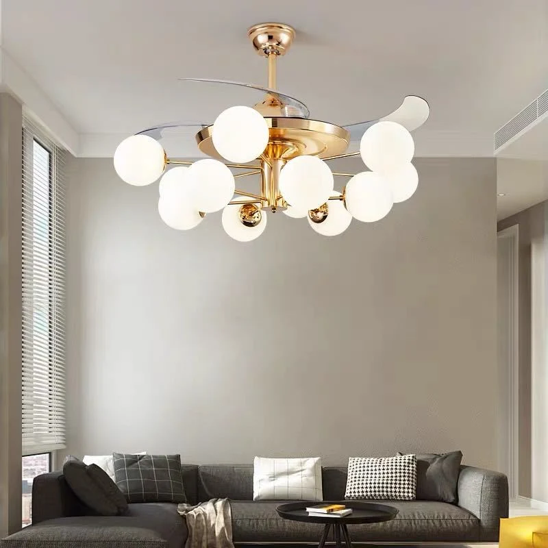 Lampe suspendue en forme de boule de verre de lait de 42 pouces de large, semi-encastrée postmoderne en or Rose avec 4 lam...
