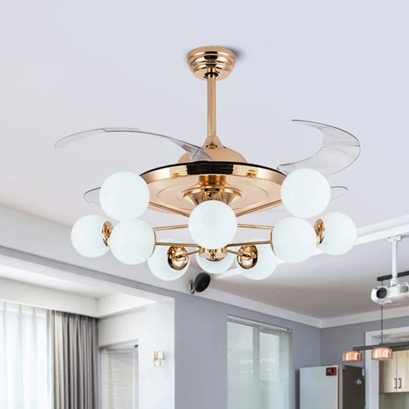 Lampe suspendue en forme de boule de verre de lait de 42 pouces de large, semi-encastrée postmoderne en or Rose avec 4 lam...