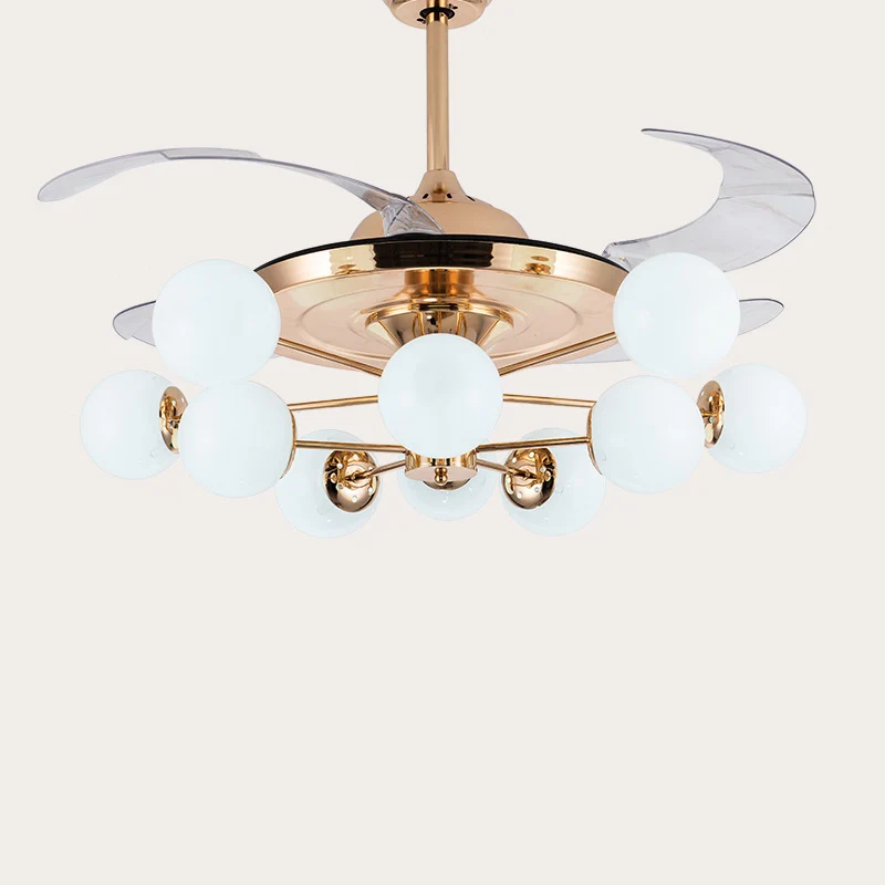 Lampe suspendue en forme de boule de verre de lait de 42 pouces de large, semi-encastrée postmoderne en or Rose avec 4 lam...