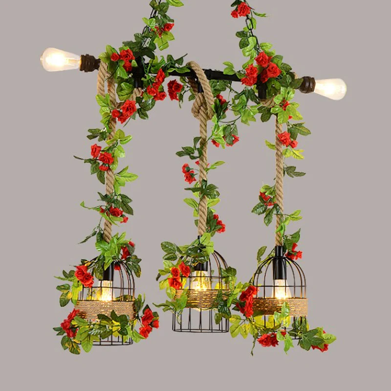 Lampe suspendue en forme de cage à oiseaux en métal, luminaire décoratif d'intérieur, avec 5 têtes de ferme, en corde de R...