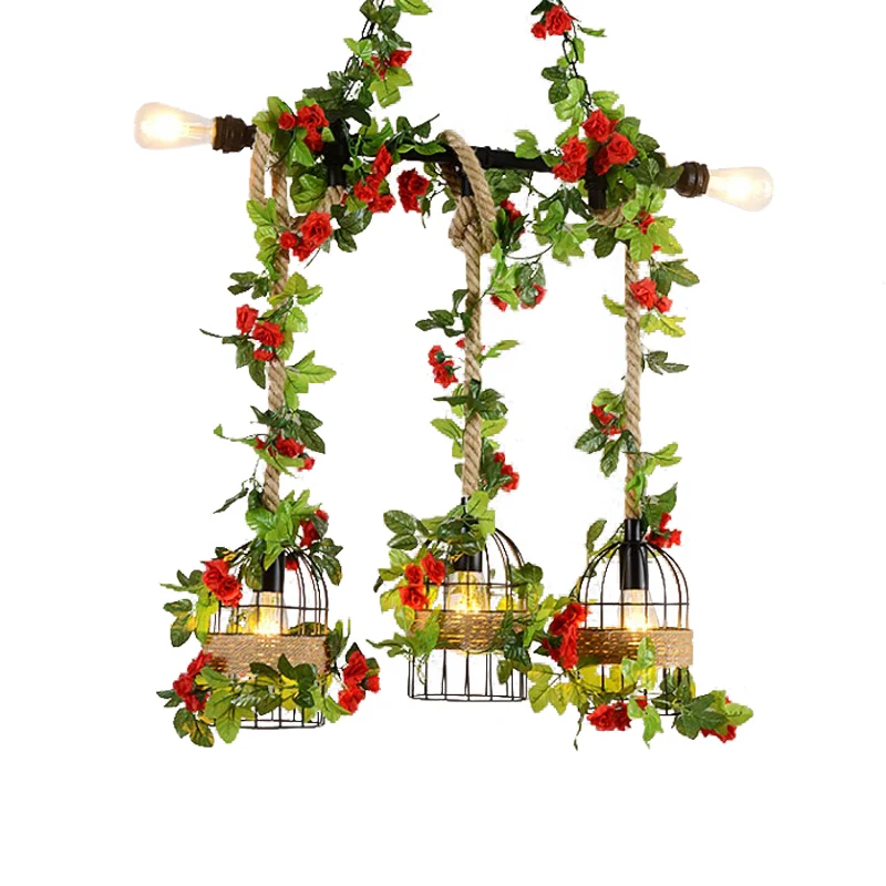 Lampe suspendue en forme de cage à oiseaux en métal, luminaire décoratif d'intérieur, avec 5 têtes de ferme, en corde de R...