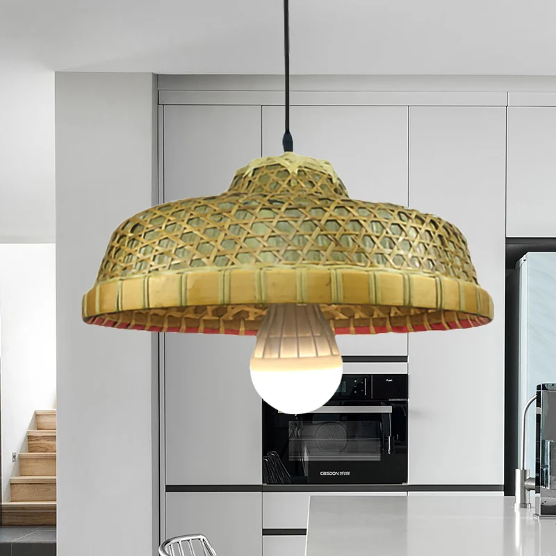 Lampe suspendue en forme de chapeau à lumière unique, lampe rustique en bambou pour Restaurant Clearhalo