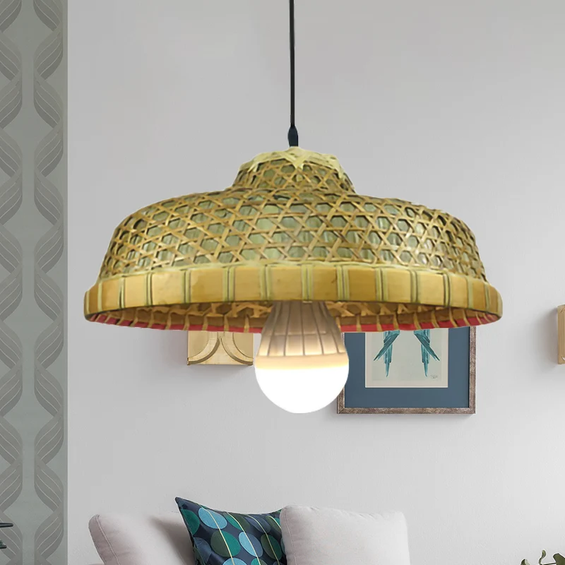 Lampe suspendue en forme de chapeau à lumière unique, lampe rustique en bambou pour Restaurant Clearhalo