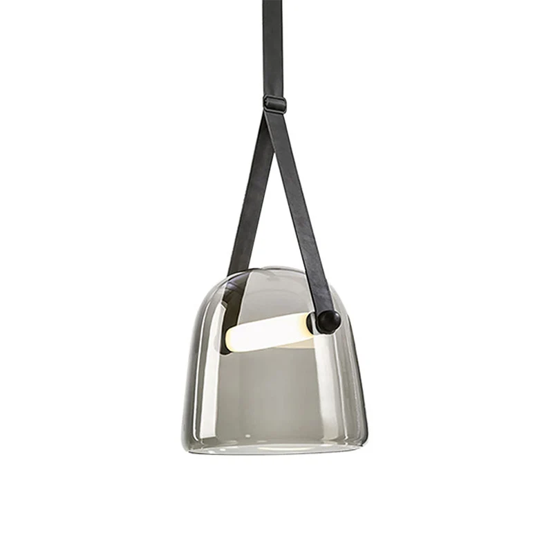 Lampe suspendue en forme de cloche en verre, crème/gris fumée, postmoderne, 1 ampoule, noir/beige, avec sangle à boucle Cl...