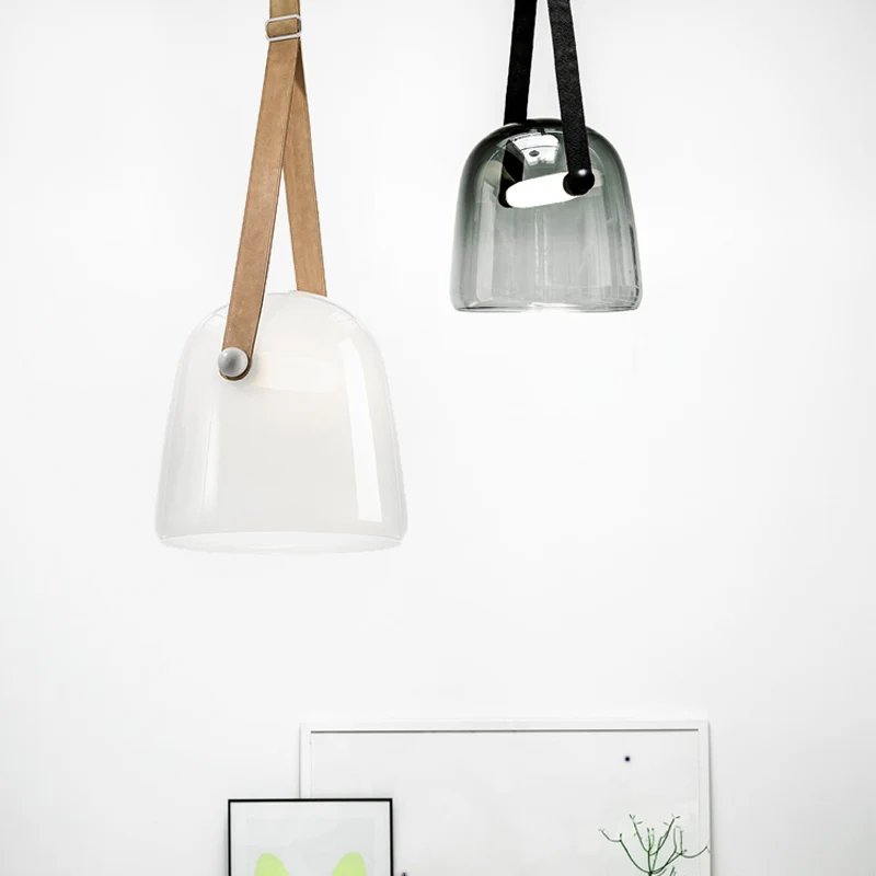 Lampe suspendue en forme de cloche en verre, crème/gris fumée, postmoderne, 1 ampoule, noir/beige, avec sangle à boucle Cl...