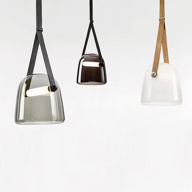 Lampe suspendue en forme de cloche en verre, crème/gris fumée, postmoderne, 1 ampoule, noir/beige, avec sangle à boucle Cl...