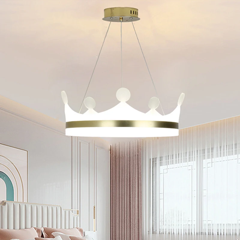 Lampe suspendue en forme de couronne pour enfants, lustre métallique LED pour chambre de filles en or, lumière chaude/blan...