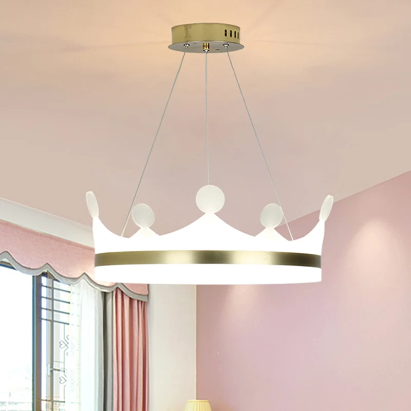 Lampe suspendue en forme de couronne pour enfants, lustre métallique LED pour chambre de filles en or, lumière chaude/blan...