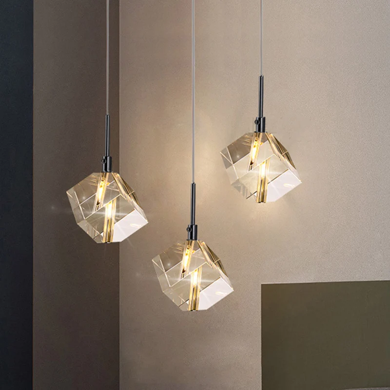 Lampe suspendue en forme de cube en verre de cristal transparent, plafonnier suspendu simple à 1 lumière LED en noir Clear...