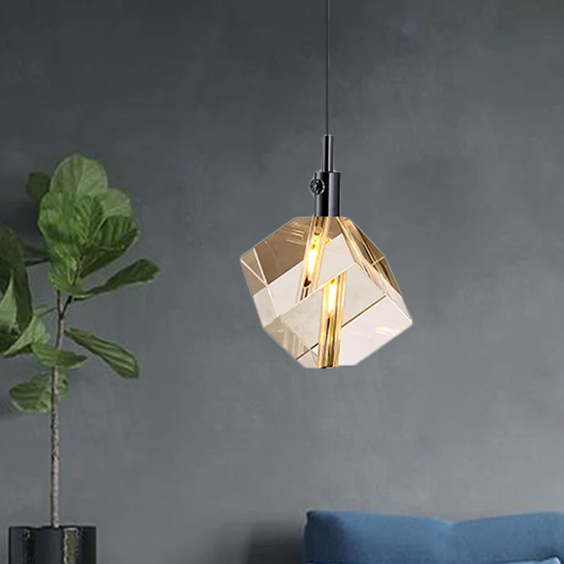 Lampe suspendue en forme de cube en verre de cristal transparent, plafonnier suspendu simple à 1 lumière LED en noir Clear...