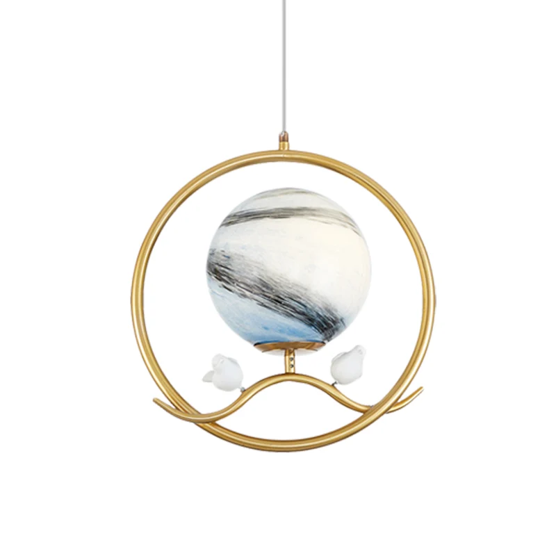 Lampe suspendue en forme d'anneau post-moderne en métal doré, 1 lumière, pour salon, avec abat-jour en verre planète et dé...