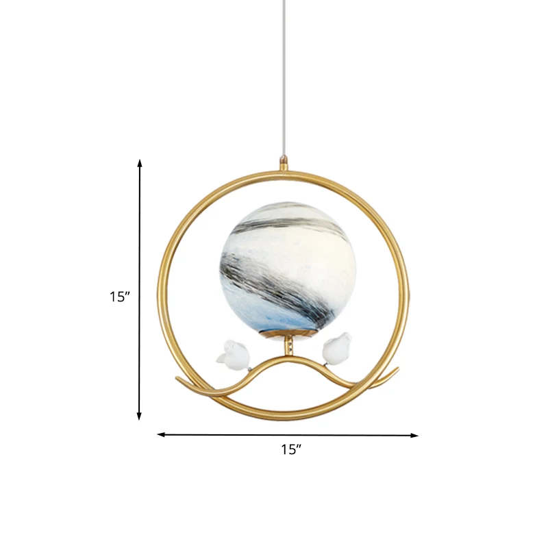 Lampe suspendue en forme d'anneau post-moderne en métal doré, 1 lumière, pour salon, avec abat-jour en verre planète et dé...
