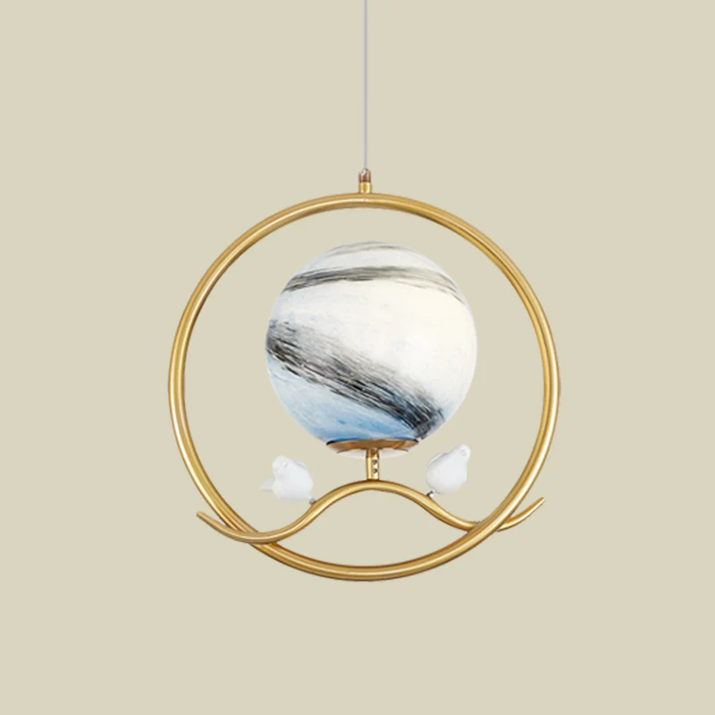 Lampe suspendue en forme d'anneau post-moderne en métal doré, 1 lumière, pour salon, avec abat-jour en verre planète et dé...
