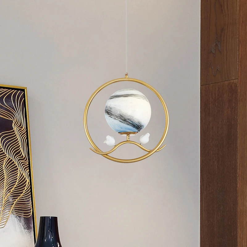 Lampe suspendue en forme d'anneau post-moderne en métal doré, 1 lumière, pour salon, avec abat-jour en verre planète et dé...