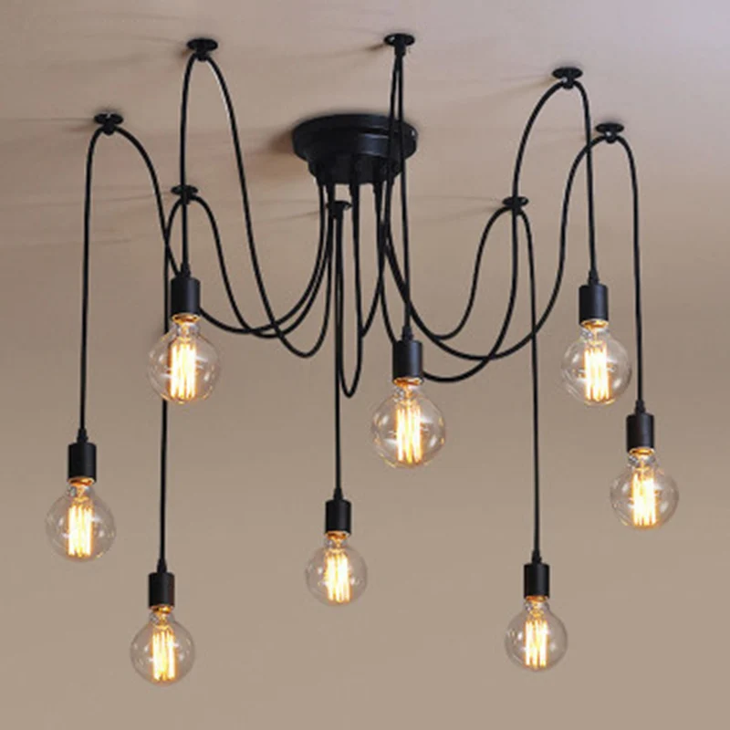 Lampe suspendue en forme d'araignée noire, ampoule Edison multi-lumières, Style industriel, pour salon, Restaurant Clearhalo