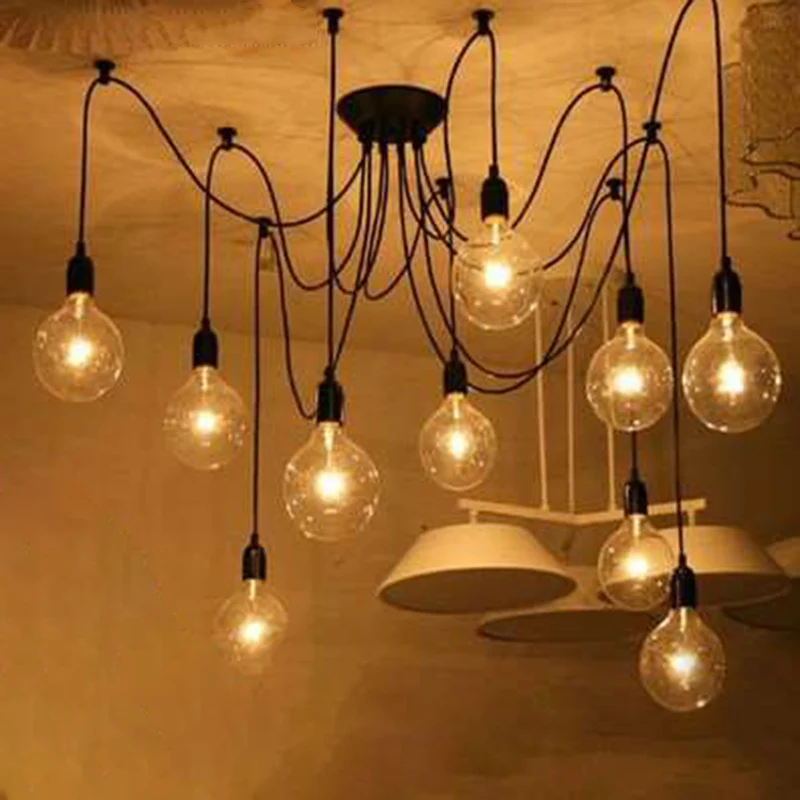 Lampe suspendue en forme d'araignée noire, ampoule Edison multi-lumières, Style industriel, pour salon, Restaurant Clearhalo