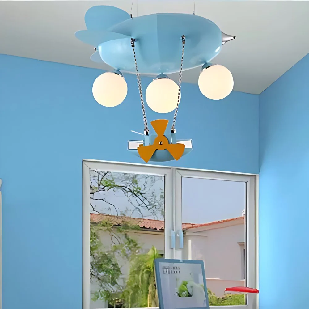 Lampe suspendue en forme d'avion pour enfants, lustre en métal à 3 têtes avec bateau en bleu pour chambre de garçons Clear...