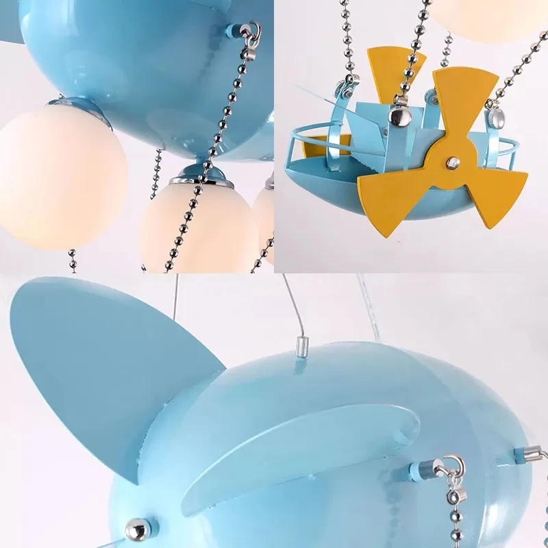 Lampe suspendue en forme d'avion pour enfants, lustre en métal à 3 têtes avec bateau en bleu pour chambre de garçons Clear...