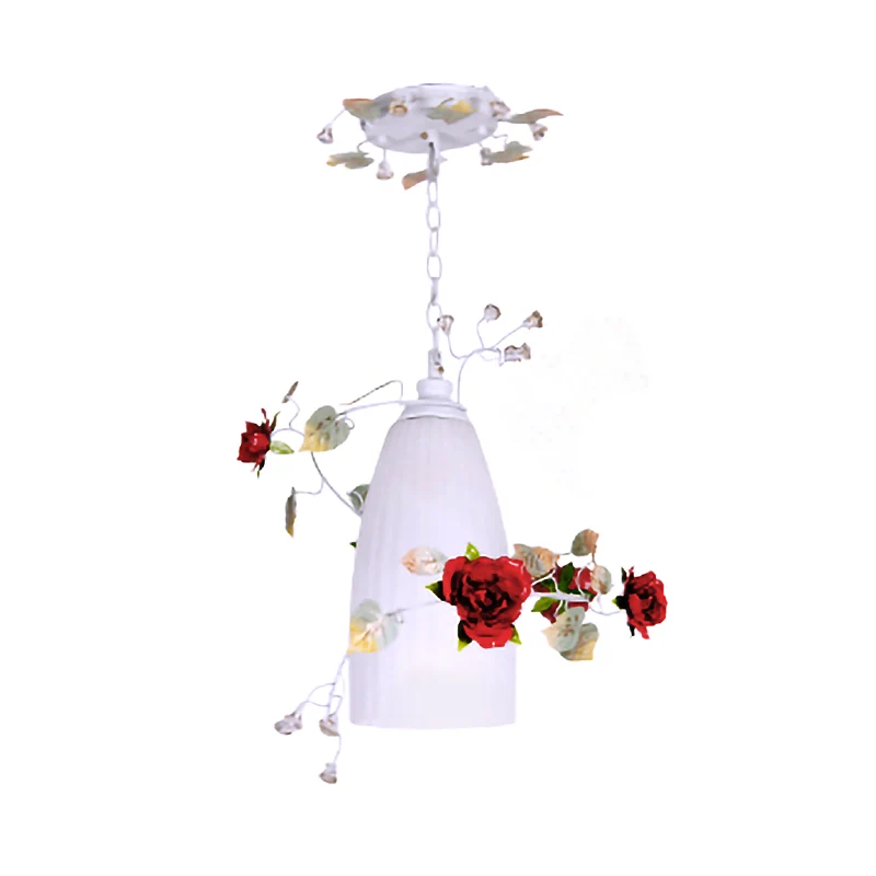 Lampe suspendue en forme de dôme allongé en verre blanc, romantique, pastorale, à 1 lumière, pour salle à manger, avec fle...