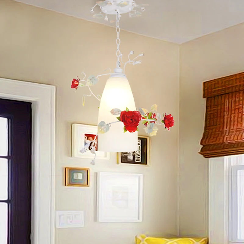 Lampe suspendue en forme de dôme allongé en verre blanc, romantique, pastorale, à 1 lumière, pour salle à manger, avec fle...