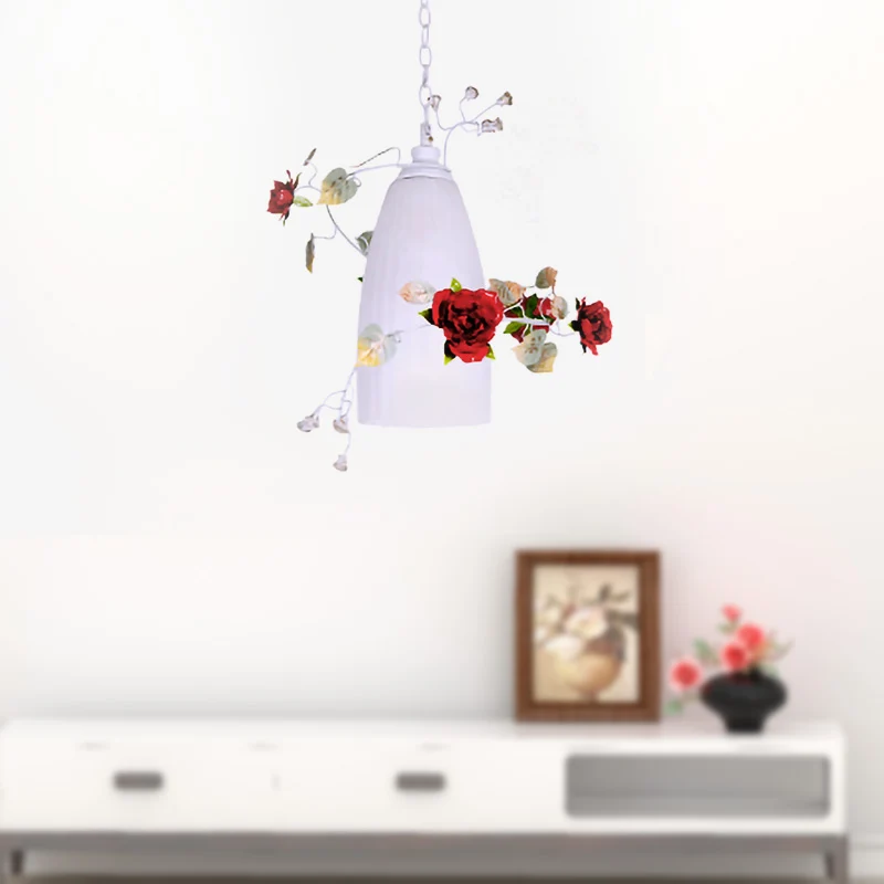 Lampe suspendue en forme de dôme allongé en verre blanc, romantique, pastorale, à 1 lumière, pour salle à manger, avec fle...