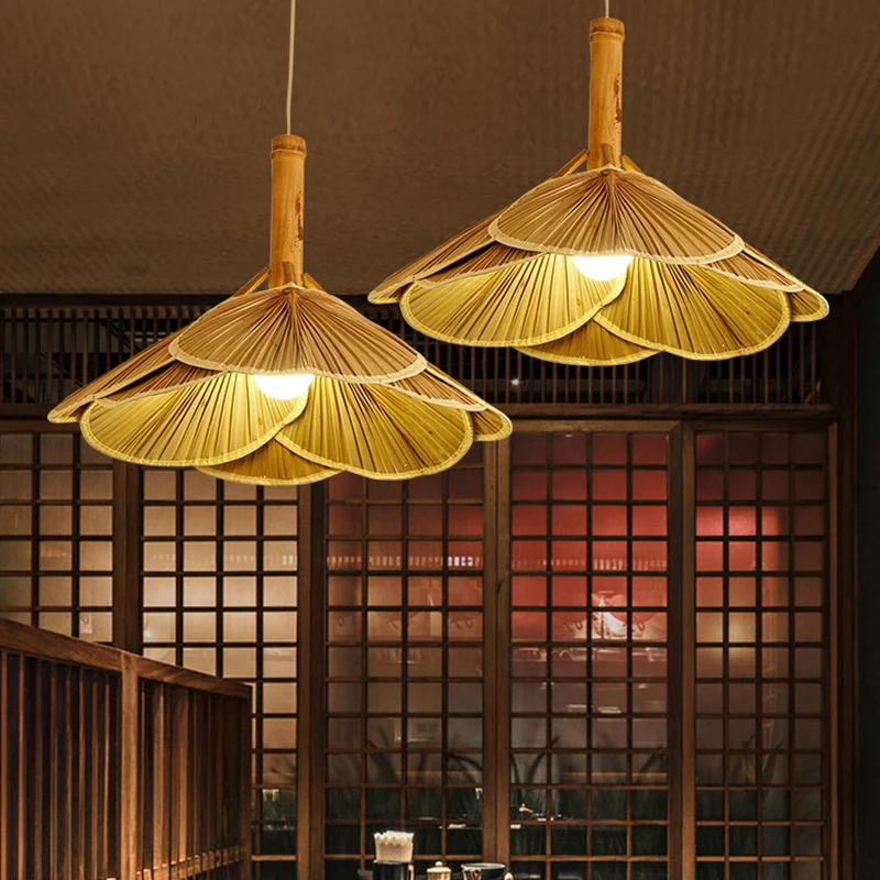 Lampe suspendue en forme d'éventail Asia Bamboo 1 lumière suspension de salle à manger en bois Clearhalo