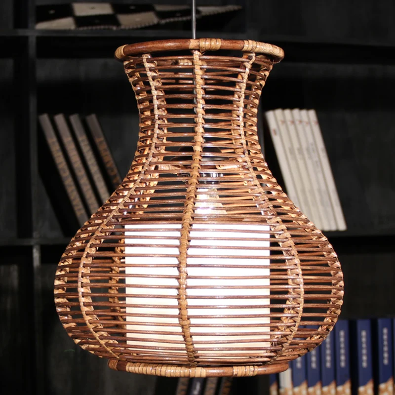 Lampe suspendue en forme de gourde en bambou chinois, luminaire suspendu marron à 1 tête pour le salon Clearhalo