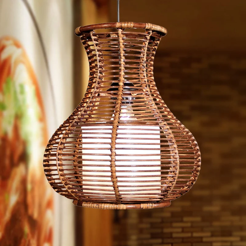 Lampe suspendue en forme de gourde en bambou chinois, luminaire suspendu marron à 1 tête pour le salon Clearhalo