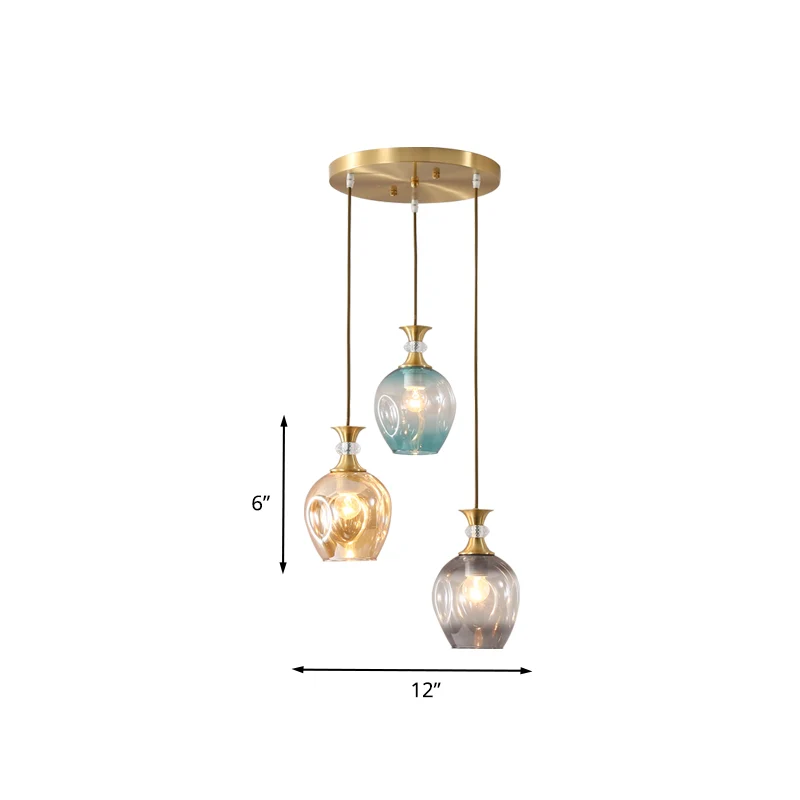 Lampe suspendue en forme de grappe de tulipes dorées, plafonnier moderniste à 3 têtes en verre alvéolé beige-bleu-gris Cle...